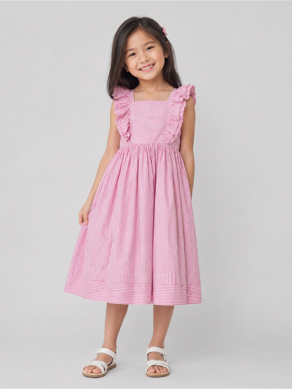Jacadi pink striped girls dress featuring delicate ruffle straps